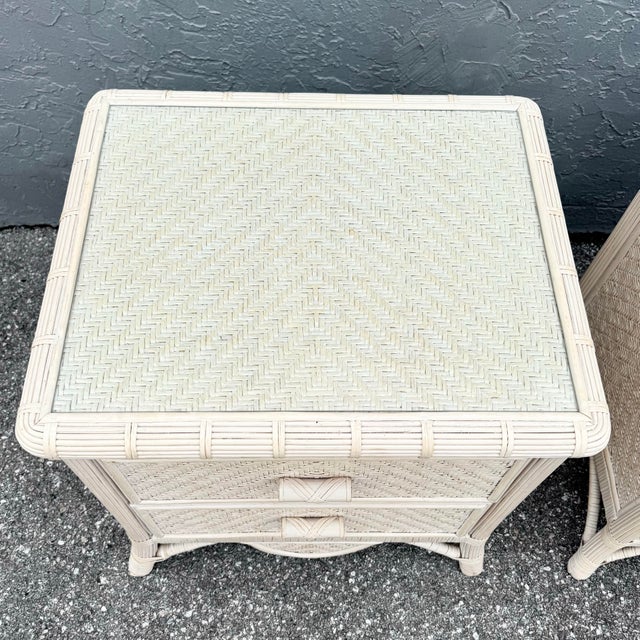 Wood Boho Chic Wicker Glass Top Nightstands - A Pair For Sale - Image 7 of 8