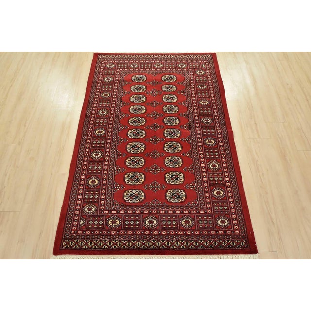 Tribal Bokhara Rug 4’2” X 6’2” Red Wool Tribal Hand-Knotted Oriental Carpet For Sale - Image 3 of 11