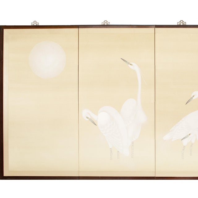Stunning 4-Panel Japanese Style painted monochrome folding silk screen depicting Egrets and Full Moon. Unsigned....