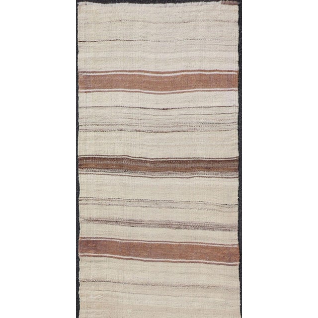 Measures: 2'1 x 12'1 Vintage Narrow Turkish Kilim Runner with Beige and Soft Brown Stripes. Keivan Woven Arts /...