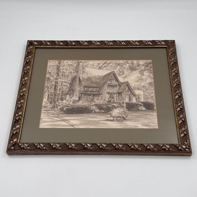 Gray Vintage Signed Pencil Drawing Storybook English Cottage Framed 1989 For Sale - Image 8 of 12