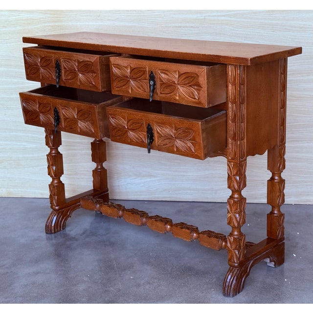 19th Century Catalan Spanish Carved Walnut Console Sofa Table, Four Drawers For Sale - Image 13 of 18