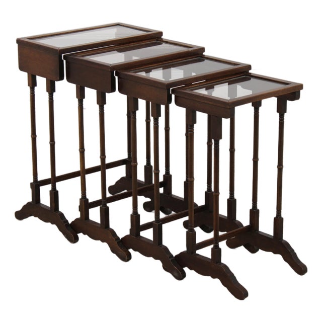 Vintage Brandt Set of 4 Glass Top Mahogany Nesting Tables For Sale