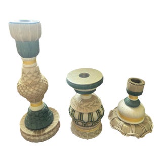 Set of 3 Discontinued Miho Unexpected Things Sculptural Ceramic Candlesticks With Textile Trimmings For Sale