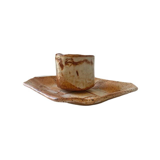 Mid-Century Modern Singed Late 20th Century Textured Studio Pottery Small Cup With Plate For Sale - Image 3 of 12