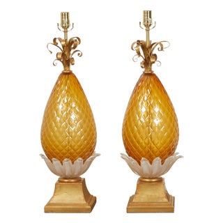 Pair of Venetian Murano Glass Pineapple Style Table Lamps with Gilt Scrolls For Sale