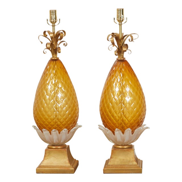 Pair of Venetian Murano Glass Pineapple Style Table Lamps with Gilt Scrolls For Sale