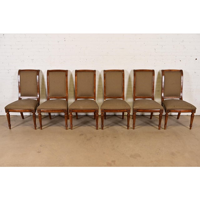 French Ethan Allen French Regency Louis XVI Carved Cherry Wood Upholstered Dining Chairs, Set of Six For Sale - Image 3 of 10