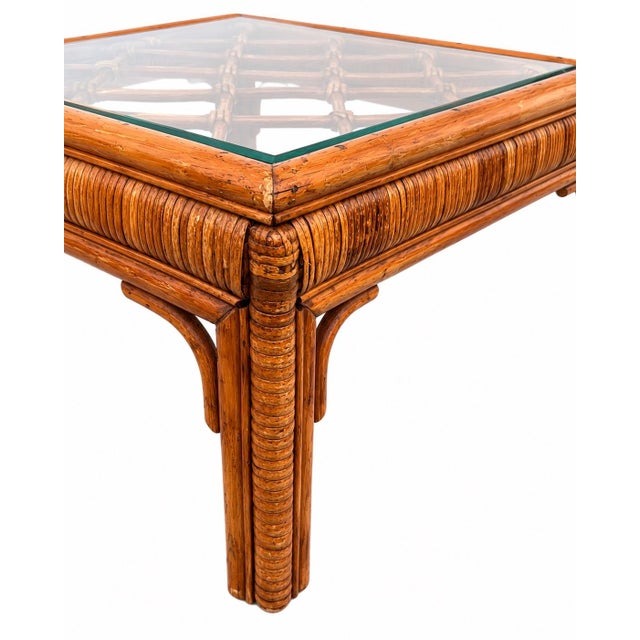 Brown Vintage Split Bamboo & Rattan Glass Top Coffee Table | Coastal Hollywood Regency Woven Cane Style For Sale - Image 8 of 10