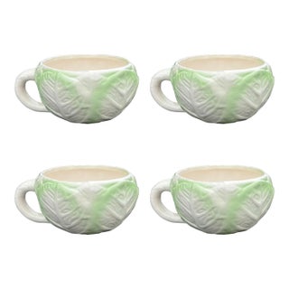 Cabbage Ware Green and Cream Coffee Cups or Soup Mugs - Set of 4 For Sale