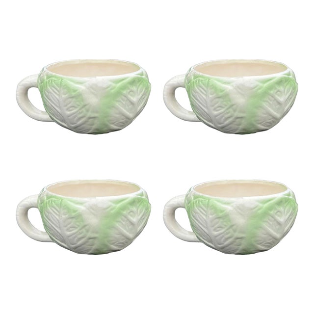 Cabbage Ware Green and Cream Coffee Cups or Soup Mugs - Set of 4 For Sale