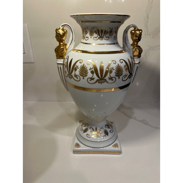 Vintage Neoclassical Campana Porcelain Gold & White Figural Urn For Sale - Image 9 of 11