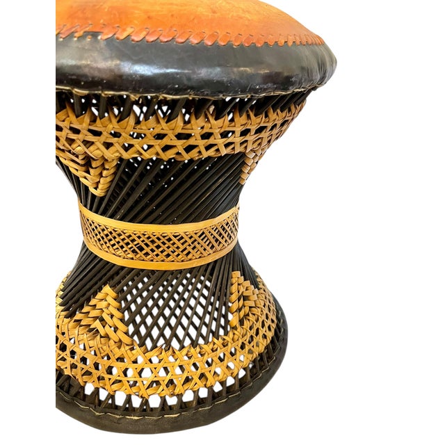 Tan Pair of Mid-Century Anglo-Indian Leather & Rattan Drum Stools For Sale - Image 8 of 17
