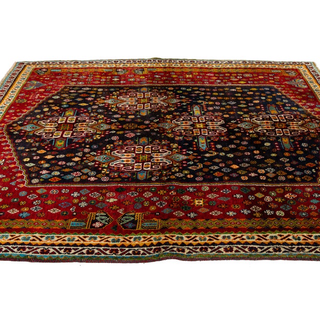 Textile Vintage Shiraz Wool Rug – Hand-Knotted Tribal Medallion Accent Rug in Deep Crimson & Midnight Navy For Sale - Image 7 of 9
