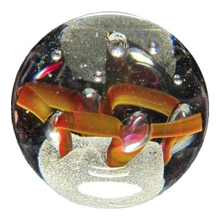 1970s Adam Jablonski Signed Hand Blown Crystal Art, Red Ribbon Suspended on Controlled Bubbles Paperweight For Sale