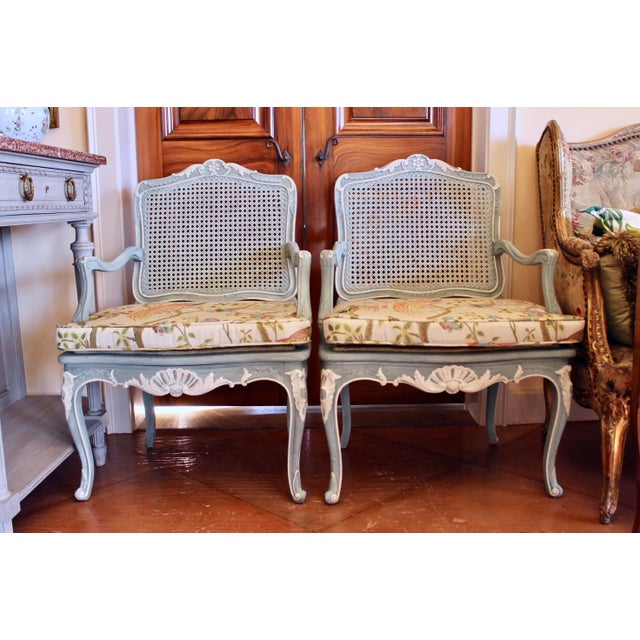 French Régence / Louis XV Style Armchairs in Blue Painted Finish- a Pair For Sale - Image 4 of 12