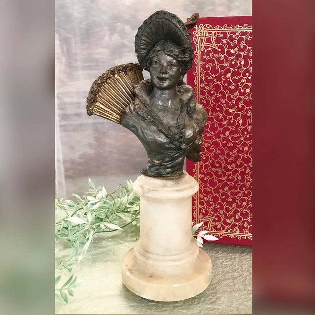 Victorian Antique Spelter Bust on Alabaster Art Nouveau Victorian Woman For Sale - Image 3 of 11