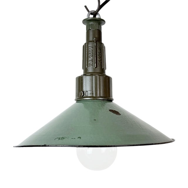 Industrial Petrol Enamel Military Pendant Lamp with Cast Aluminium Top, 1960s For Sale