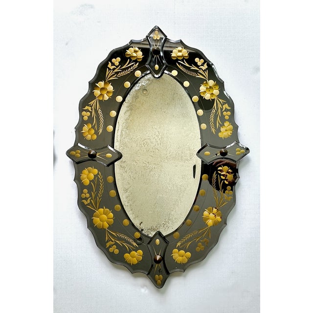 Glass Pair of Mid-Century Italian Venetian Black Glass and Gilt Floral Mirrors, 1960s For Sale - Image 7 of 18