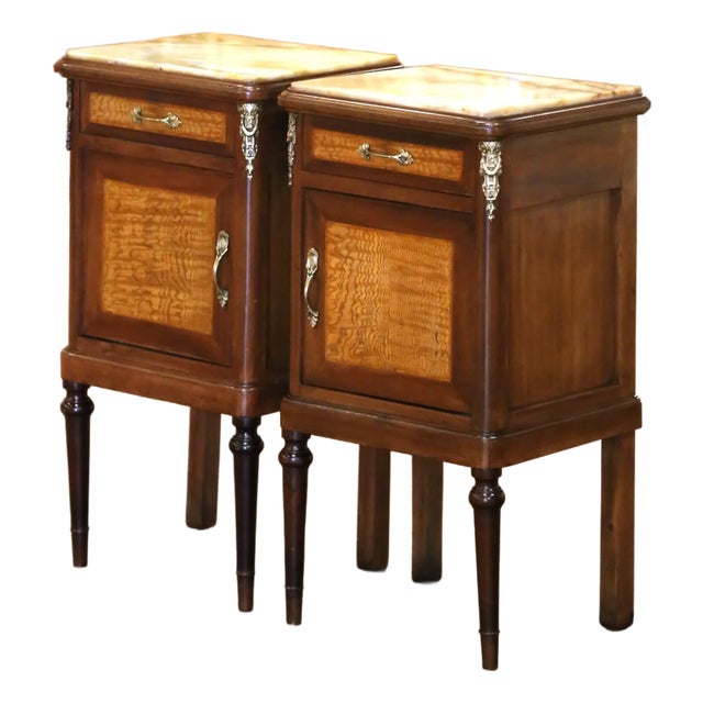 Pair of 19th Century French Louis XVI Mahogany Marble-Top Nightstands For Sale