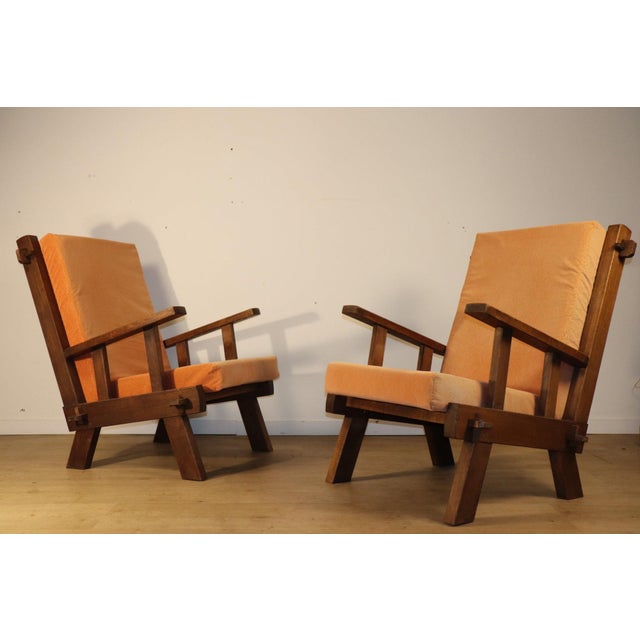 1960s Brutalist Armchairs in Oak and Velvet, 1960s-1970s, Set of 2 For Sale - Image 5 of 18