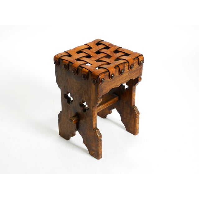 Vintage Oak Stool with Seat in Leather Straps, 1940s For Sale - Image 6 of 18