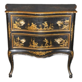 Vintage Italian Ebonized Chinoiserie Style Brass Mounted Paint Decorated Commode For Sale