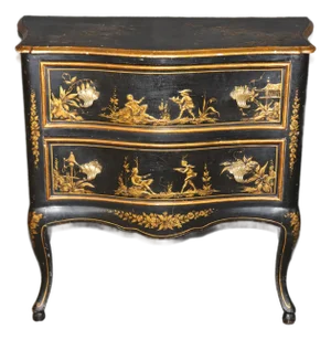 Vintage Italian Ebonized Chinoiserie Style Brass Mounted Paint Decorated Commode