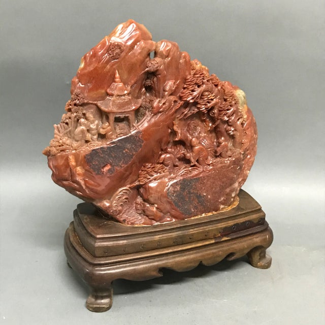 Chinese art carved soapstone mountain scenery with wood base. Very good condition and excellent patina. Scratches and ages...