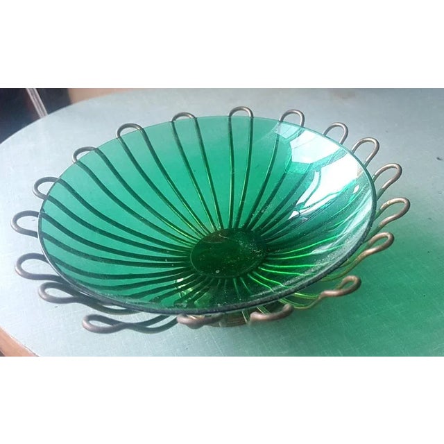 Green Glass Bowl with Brass Frame Vide Poche, 1950s, in Good conditions. Designed 1950 to 1959