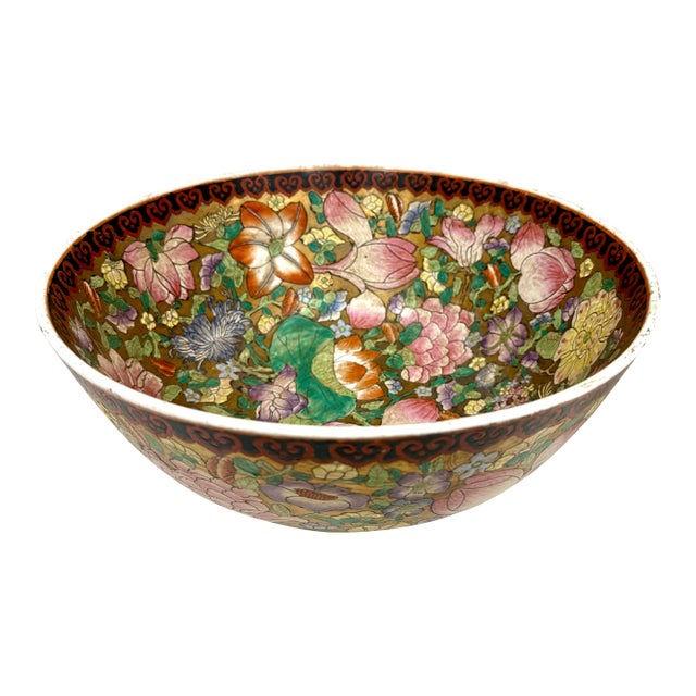 Large Chinese Hand Painted Porcelain Floral Centerpiece Bowl For Sale