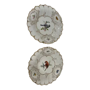Pair, Antique Meissen Porcelain Ornithological & Gold Encrusted Chargers