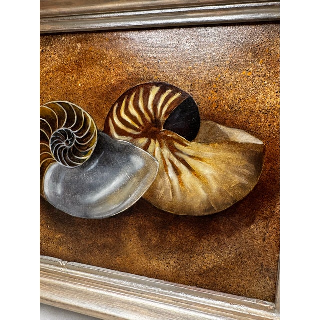Wood Vintage Coastal Nautilus Shells Realism Original Oil Framed Painting in Silver, Brown, Camel For Sale - Image 7 of 12