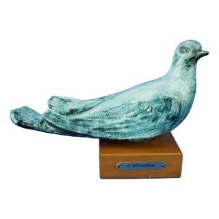 Ceramic Dove Sculpture with Wooden Base by Giuseppe Rossicone, Italy, 1970s For Sale
