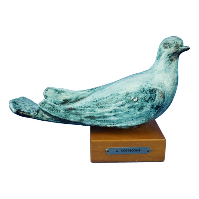 Ceramic Dove Sculpture with Wooden Base by Giuseppe Rossicone, Italy, 1970s For Sale