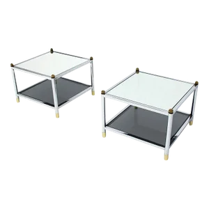 Square Chrome & Brass Smoked Glass Shelf Mirrored Top End Side Tables - A Pair