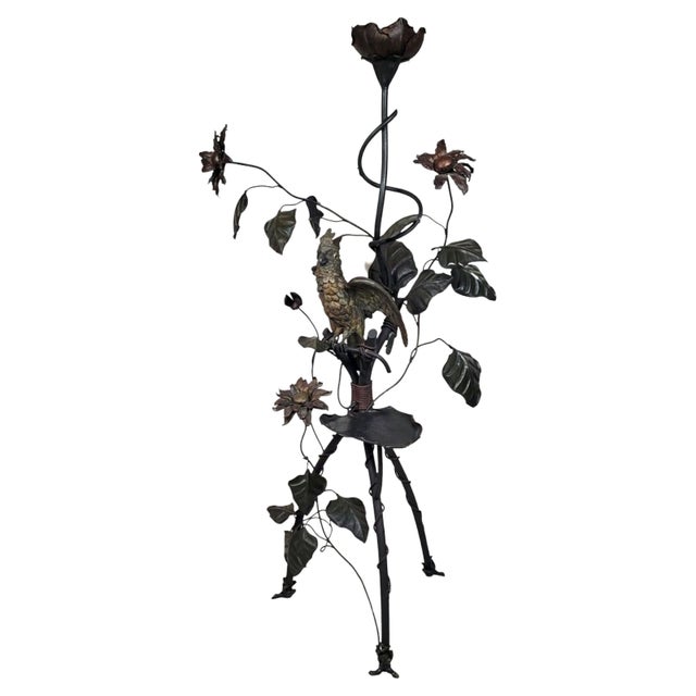 Black Wrought Iron Floor Lamp with Leaves, Flowers, and Parrot, 1960s For Sale - Image 8 of 8