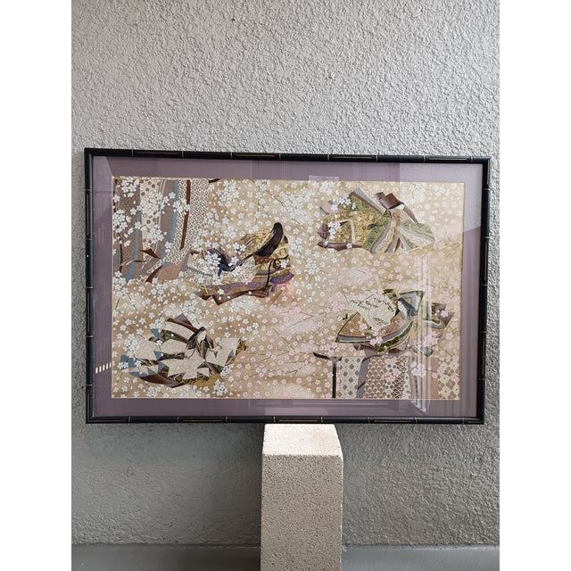 1960s 1960s Japanese Yuzen Paper Art Panel - Court Princesses & Cherry Blossoms For Sale - Image 5 of 9