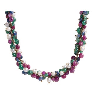 Vintage 1950s Multi Gem & Cultured Pearl Beaded 18k Gold Necklace For Sale