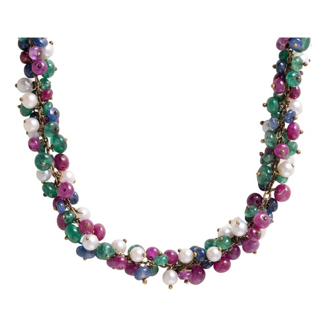 Vintage 1950s Multi Gem & Cultured Pearl Beaded 18k Gold Necklace For Sale