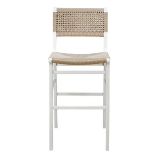 Matthew Izzo Home Carson Matte White Lacquer Bar Stool With Woven Back and Rush Seat For Sale