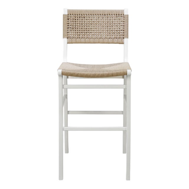 Matthew Izzo Home Carson Matte White Lacquer Bar Stool With Woven Back and Rush Seat For Sale