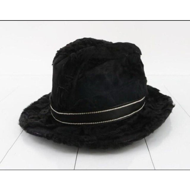 Boho Chic 1980s Christian Dior VTG Black Astrakhan Fur & Leather Trim Fedora Hat For Sale - Image 3 of 9
