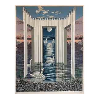 Frederick Phillips Large Surrealist Photo Realist Silkscreen Lithograph Print Swan Dreams c.1990 For Sale