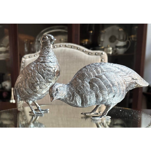 Gorgeous pair of Italian SilverPlate Quails. Each weighing 2 lbs. 7” long x 6” tall standing. Plateau mirror stand sold...