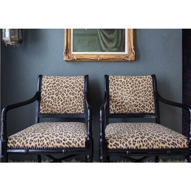 Leopard Upholstered Black Faux Bamboo Directoire Style Armchairs For Sale - Image 13 of 18