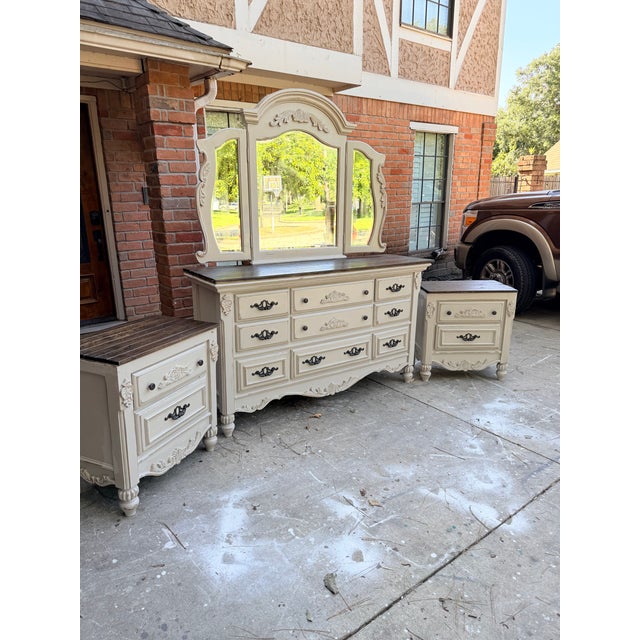 Ornate French Country Linen Bisque Dresser, Trifold Mirror & Nightstands For Sale In Houston - Image 6 of 9