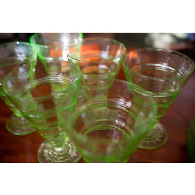 1930s Set of 6 Green Uranium Glass Hazel Atlas Goblets 1930s Circle Pattern For Sale - Image 5 of 10