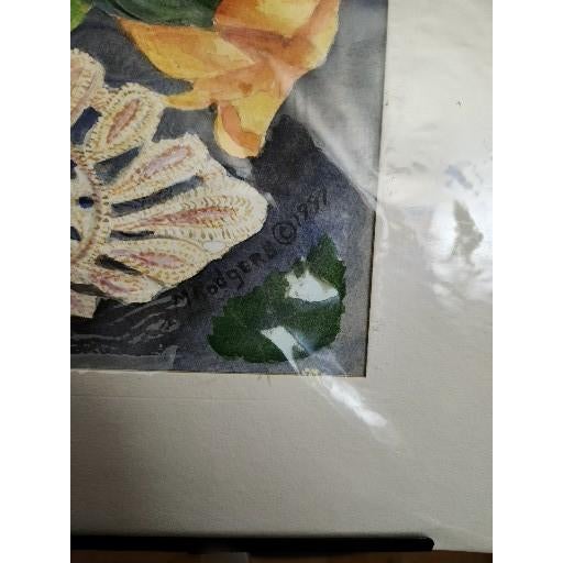Traditional 1997 Original Michael Rodgers Watercolor Still Life-Orange Roses & Lace For Sale - Image 3 of 7