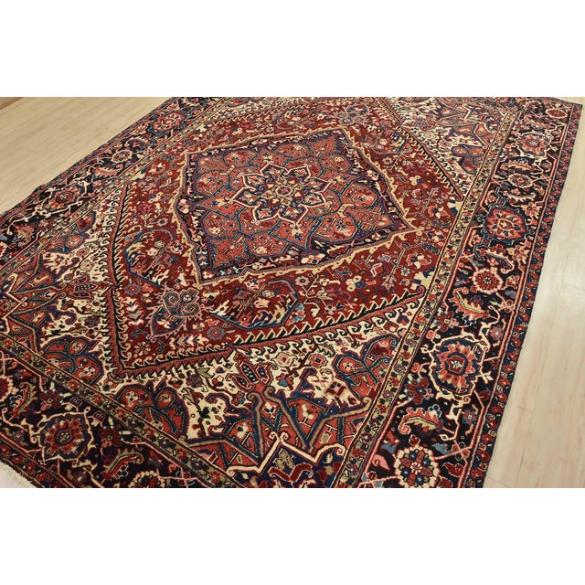 Tribal Heriz Rug 8' X 11'1'' Red Wool Vintage Traditional Hand-Knotted Oriental Carpet For Sale - Image 3 of 15